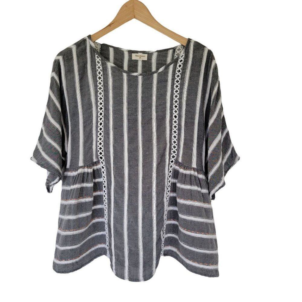 World Market Striped Tunic Blouse Womens S/M Gray White Boho Boxy Top